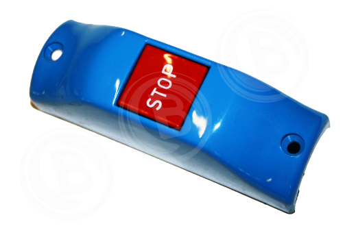 Haltewunschtaster hellblau/STOP, roter Knopf, weisse Schrift
